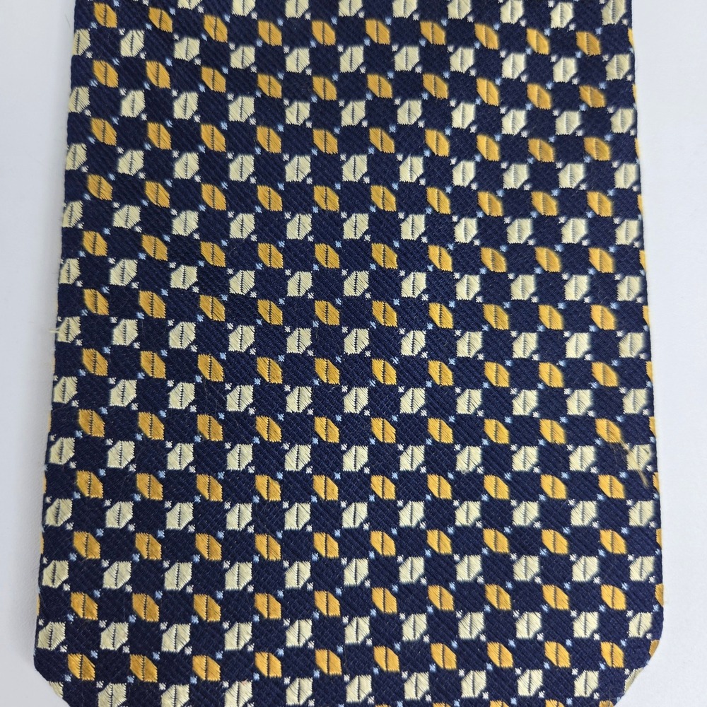 Nautica Mens‎ Silk Necktie Navy Blue Gold Cream Geometric Pattern Formal Tie